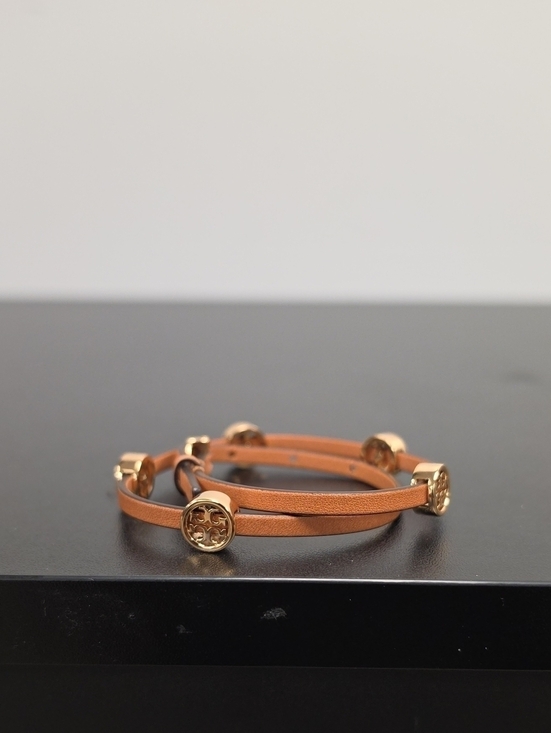 Tory Burch Jewelry - Tory Burch Tan Leather Double Wrap Bracelet with Gold Logo Discs